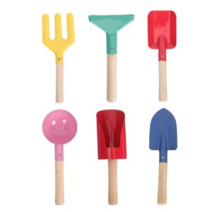 Housoutil 6pcs Kids Gardening Tools Set Wood Handle Iron Garden Potted Rake Planting Kids Gardening Tool Beach Sandbox Toys for Garden Snow Beach Sand Play