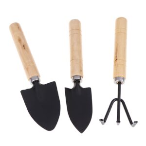 LZQPearL 3 Piece Mini Garden Tool Set - Shovel Rake Spade Bonsai Tools Set Wooden Handle For Seedlings
