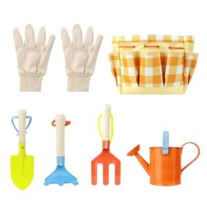 Cabilock 7Pcs/ 1Set Children Garden Tools Kit Outdoor Gardening Toy with Carrying Bag Watering Kettle Gloves Hoeing Rake Small Planting Tool Kit for Kids