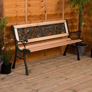 Garden Mile Wooden 3 Seater Garden Bench with Rose Effect Back Decorative Seating Outdoor Patio Decking Wood & Cast Iron Vintage Traditional