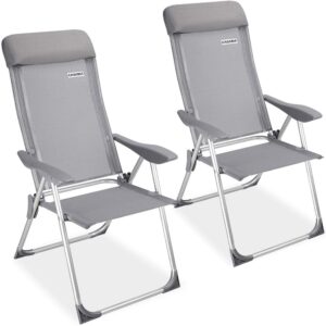 CASARIA Set Of 2 Garden Chairs Aluminium Foldable High-Back 7-Way Adjustable Armrests Camping Outdoor Festival Chair Grey