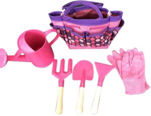 Jilibaba Kids Garden Tools Set Outdoor Toys For Children Sturdy Tote Metal Tools Wooden Handle Sandbox Toy Beach Early Learning Guide Pink6Pc