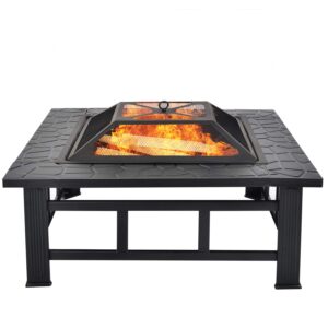 Fire Pit with BBQ Grill Shelf Outdoor Metal Brazier Square Table Garden φ81cm Patio Heater/BBQ/Ice 3 in 1 Pit with Spark Guard
