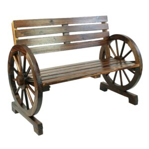 Garden Cart Wagon Wheel Bench Wooden Outdoor Seating Burntwood Armrest 2 Seate