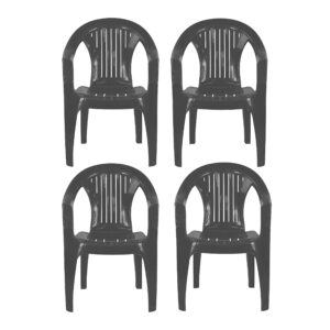 Plastic Garden Chairs - BLACK Set of 4 Chairs - Stackable with Vertical Slat Low Back Design - Indoor or Outdoor Use - Suitable for Patio