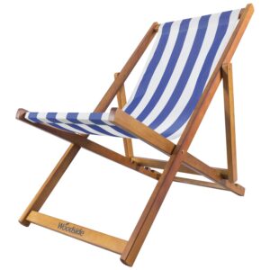 Woodside Traditional Folding Beach/Garden Wooden Deck Chair Seaside Lounger Dark Blue & White