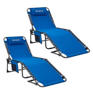 KingCamp Reclining Sun Lounger 4-Position Adjustable Foldable Heavy Duty Lounge Chair Camping Folding Bed with Pillow & Pocket for Patio Garden Beach Pool Tent Camping (Blue-Set of 2)