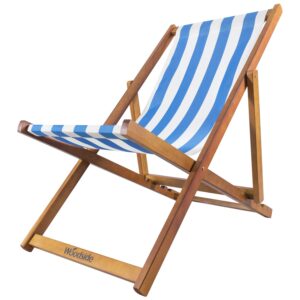 Woodside Traditional Folding Beach/Garden Wooden Deck Chair Seaside Lounger Light Blue & White