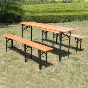 BIRCHTREE Outdoor Wood Wooden Vintage Folding Beer Table Bench Set Trestle Party Picnic Pub Garden Furniture Steel Leg