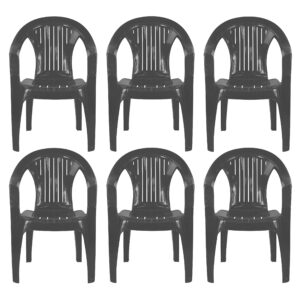 Plastic Garden Chairs - BLACK Set of 6 Chairs - Stackable with Vertical Slat Low Back Design - Indoor or Outdoor Use - Suitable for Patio