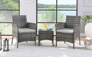 SALBAY Rattan Garden Furniture Set 3 Patio Conservatory Indoor Outdoor Coffee Table and 2 Single Chairs (Grey)