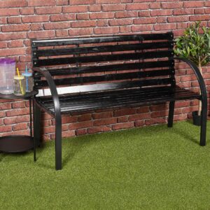 URBNLIVING Black Wooden Garden Bench with Metal Steel Frame