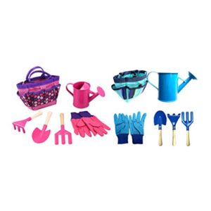 Healifty Kids Garden Tools KitOutdoor Gloves Watering Kettle Rake Shovel Gardening Toy with Carrying Bag for Children Toddler New Year Birthday Gift 2 Set (Pink Blue)