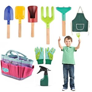 LQKYWNA 9pcs Gardening Tools Set For Kids Including Gloves Apron Shovels Rake Spray Bottle Basket Bag