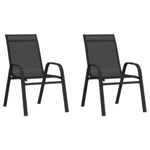 idaXL 2X Stackable Garden Chairs Outdoor Furniture Armchair Dining Seating Patio Balcony Terrace Stacking Chair Black Textilene Fabric