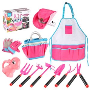 Kids Gardening Tool Set 11 PCS - Colorful Wood Kids Gardening Set With Tote Bag Kids Shovel Rake Gloves Watering Can Outdoor Toy