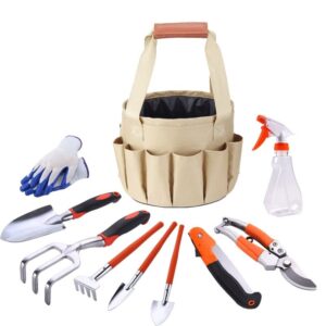 Large Garden Tote and 10 Pcs Tools Set Garden Bucket Tool Kit Organizer Heavy Duty Gardening Hand Tools for Garden Lovers