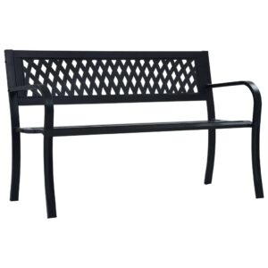 idaXL Garden Bench with Plastic Backrest and Armrest Stylish Patio Seater Deck Park Outdoor Backyard Seating Furniture Benches Black Steel