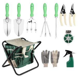 Garden Tool Set 12 Piece Gardening Tools Gardening Hand Tools Set with Garden Storage Tote Bag and Seat Gardening Hand Tools Set for Weeding Digging