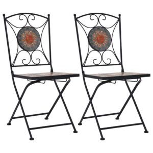 idaXL 2x Mosaic Bistro Chairs Folding Garden Seats Outdoor Chairs Patio Seating Furniture Orange & Grey Ceramic