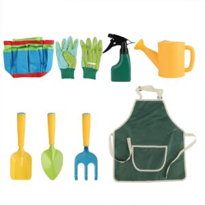 Khaco 8PCS Kids Garden Tools Set Boys Girls Garden Play Toys Gardening Tote Bag Gardening Tool Kit Shovels Trowel Transplanter Hand Rake Garden Sprayer Apro