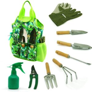 9-Piece Garden Tools Set with Gloves and Colorful Tote - Gardening Hand Tools Kit with Storage Bag