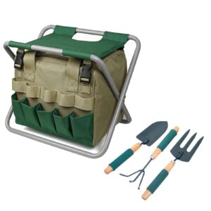 Meiyum Garden Stool 12.2 Inch Folding Stepping Stool with Garden Tool Bag and 3Pcs Mini Garden Foldaway Tools Set Tool Seat Outdoor Equipment Storage for Gardening
