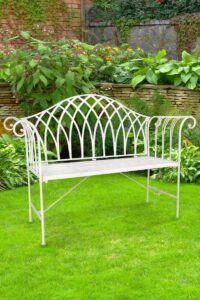 MirrorOutlet Antique Design garden bench 130cm x 94cm. Made from sturdy metal and finished in an rustic white paint.