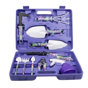 Garden Tools Set 10 Pieces Purple Floral Print Gardening Tools Garden Hand Tools with Ergonomic Handle Carrying Case for Diging Weeding Loosening Planting