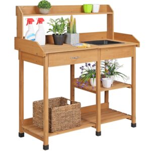 Yaheetech Wooden Potting Bench Garden Potting Table Bench with Sink Drawer Planting Bench Work Station Table with Multiple Shelves and Side Hooks