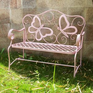 Retro Garden Benches For Outdoors Metal Patio Bench Butterfly Park Bench Antique Front Porch Bench Weather-Resistant Outside Bench For Park Lawn Front Porch/112x46x100cm (Color : Pink)