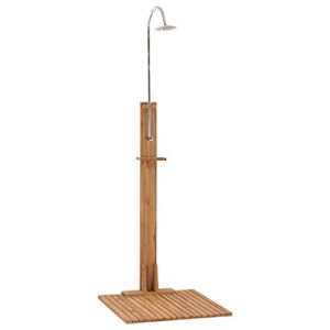 idaXL Solid Teak Wood Garden Shower Wooden Poolside Shower System Stall Showerhead Nonslip Base Freestanding Outdoor Camping Showering Stand