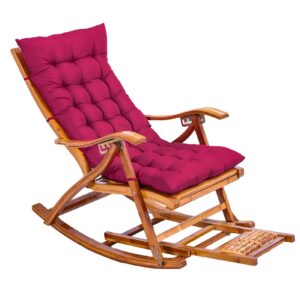 INTHEL Portable Folding Bamboo Lounge Chair Adjustable Backrest Rocking Chair Lawn Garden Wooden Sun Loungers With Foot Massage And Cushion