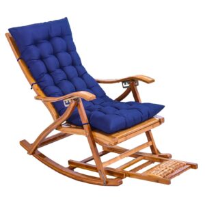 INTHEL Portable Folding Bamboo Lounge Chair Adjustable Backrest Rocking Chair Lawn Garden Wooden Sun Loungers With Foot Massage And Cushion