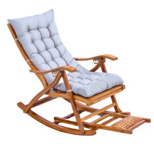INTHEL Portable Folding Bamboo Lounge Chair Adjustable Backrest Rocking Chair Lawn Garden Wooden Sun Loungers With Foot Massage And Cushion