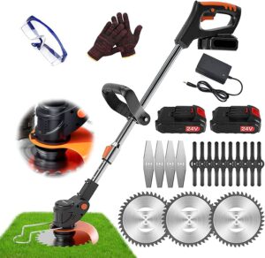 Cordless strimmer with battery and charger ，garden strimmer with 2PCS Batteries electric strimmer Lightweight battery strimmer grass trimmer ，Three Kinds Blades Height Adjustable Grass Trimme