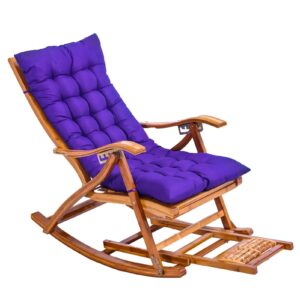 INTHEL Portable Folding Bamboo Lounge Chair Adjustable Backrest Rocking Chair Lawn Garden Wooden Sun Loungers With Foot Massage And Cushion