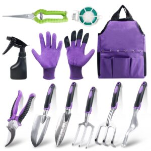 Gardening Tool Set - 11 Piece Aluminum Alloy Steel Hand Tool Starter Kit with Garden Bag