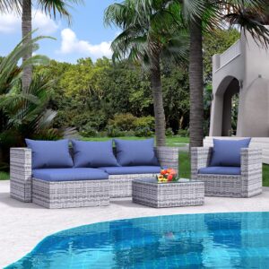 bigzzia Garden Furniture Set 5PC Rattan Modular Corner Sofa Set Garden Corner Sofa Coffee Table With Cushions (5PC Rattan Modular Corner Sofa Set(Gray))