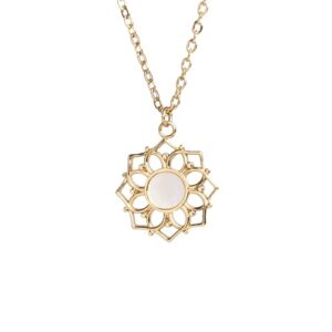 HOLZKERN Women's Necklace The Composition Collection Made From 24k Genuine Gold Plated Stainless Steel and Brilliant White Nacre 15mm Pendant 400-450mm Adjustable Length Jewelry for Wome