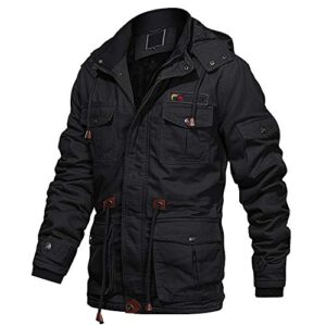 EKLENTSON Men's Cotton Military Jacket Winter Fleece Coats Full Zip Warm Thick Multi Pocket Outwear with Removable Hood