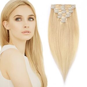 Blonde Human Hair Extensions Clip in Hair Extensions 100% Real Human Hair 8-Weft 20 Inch #613 Bleach Blonde Hair Extensions - Full Head 105g Grade 7A Long Natural Soft Hai