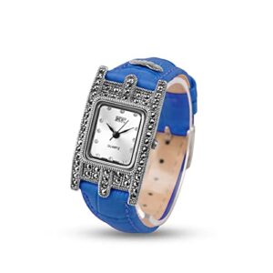 JadeAngel Women's Watches Leather Strap Luxury 925 Sterling Silver Quartz Wrist Watch Rectangle Leather Watch