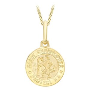 Carissima Gold Unisex 9 ct Gold 12 mm St Christopher Round Medal Satin Pendant on 9 ct Gold Diamond Cut Curb Chain Necklace