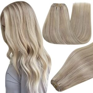 Hetto Blonde Weft Hair Extensions Real Human Hair Weave Extensions 18Inch Golden Blonde with Medium Blonde Sew in Human Hair Extensions Invisible Straight #17/23 100g