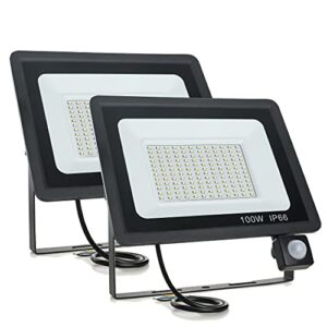 100W Led Floodlight Outdoor Security Lights with Motion Sensor Waterproof IP66 3000K 10000LM Warm Light Wall Light for Yard Garage Warehouse Park Garden Playground [Energy Class A+] Pack of 2            [Energy Class A+++]