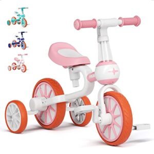YMINA 4 in 1 Kids Balance Bike for 1-4 Years Old Boys Girls Kids Tricycle Bike for Toddlers Trike Bike with Adjustable Seat Detachable Pedal Ride On Toys Kids Birthday Gifts(Pink)