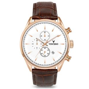 Vincero Luxury Men's Chrono S Wrist Watch - Top Grain Italian Leather Watch Band - 43mm Chronograph Watch - Japanese Quartz Movement…