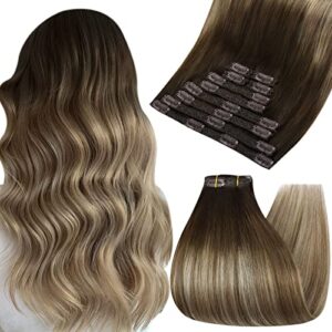 Ugeat Clip in Hair Extensions Human Hair 22 Inch Clip in Extensions Balayage #4/6/613 Dark Brown to Medium Brown with Bleach Blonde Hair Extensions Clip ins 120G/10PCS Per Pack
