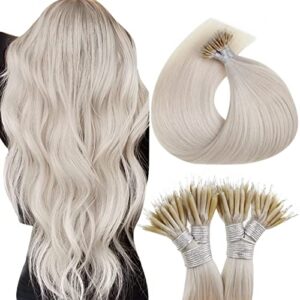 Hetto Platinum Blonde Nano Hair Extensions Real Human Hair Nano Ring Hair Extensions 20Inch Human Hair Nano Extensions Natural Straight #60 50g